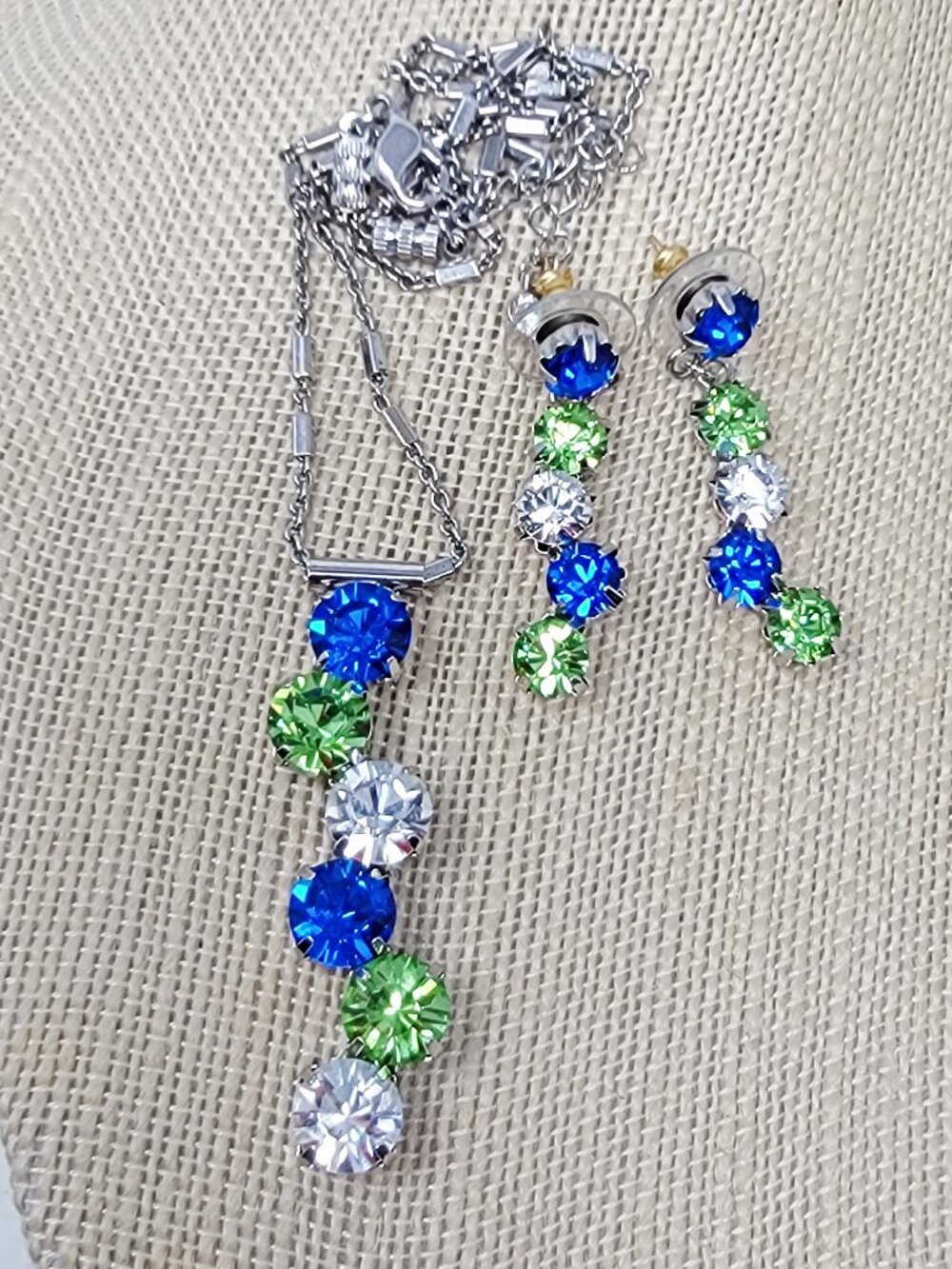 Blue Green Rhinestone Necklace Earrings Set Signed FAC Crystal Dangle 16"
